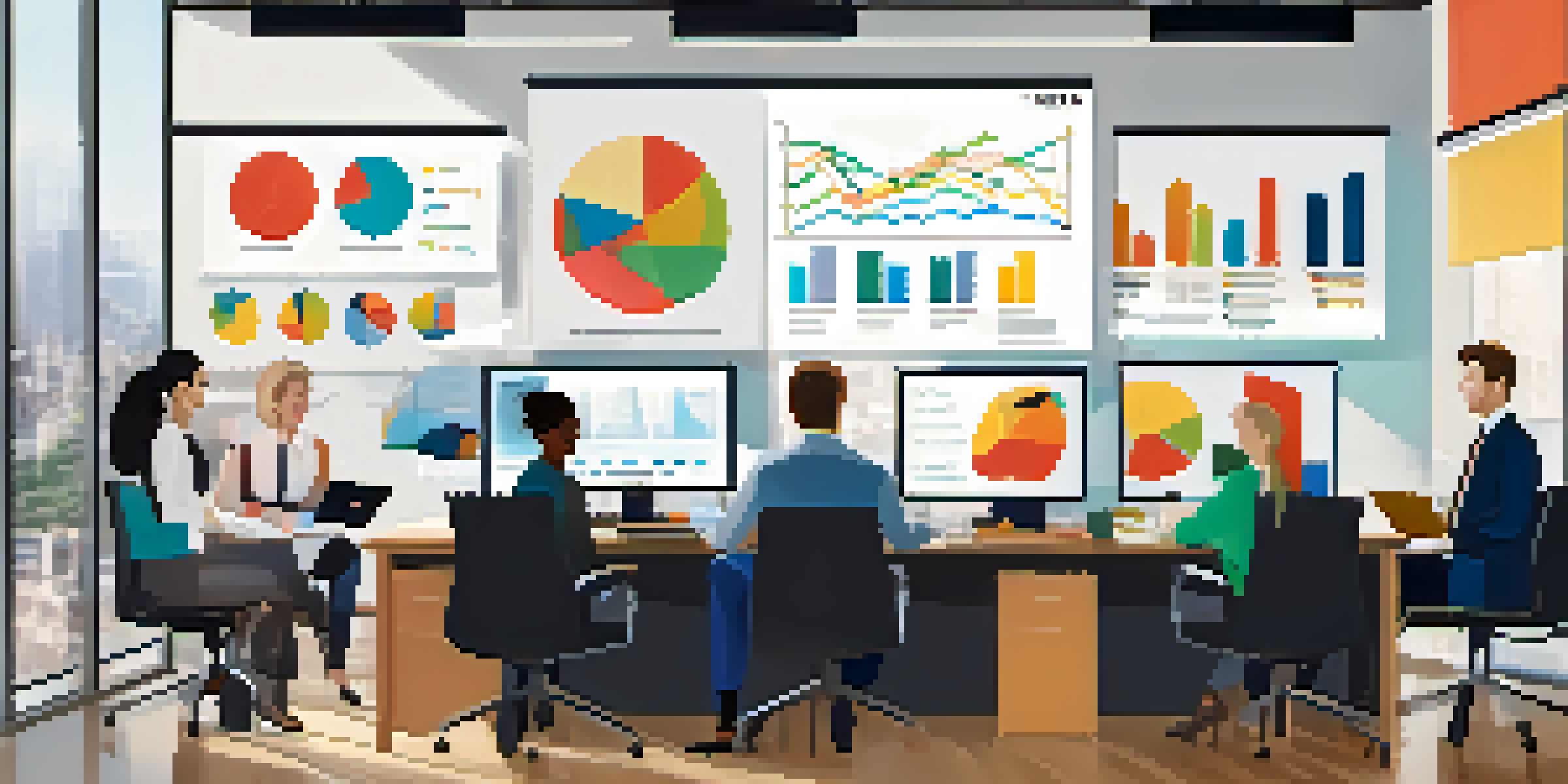 A diverse group of professionals in a bright office discussing market research, with a whiteboard filled with charts and a laptop displaying data.