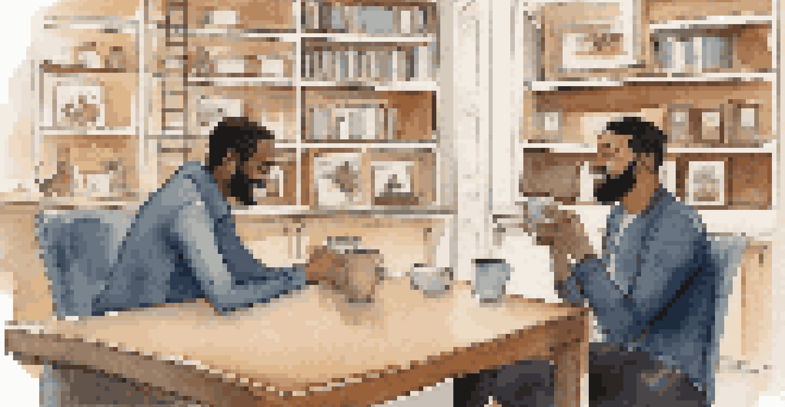A mentor and a new employee engaging in a virtual coffee chat, both smiling with personal touches in the background.