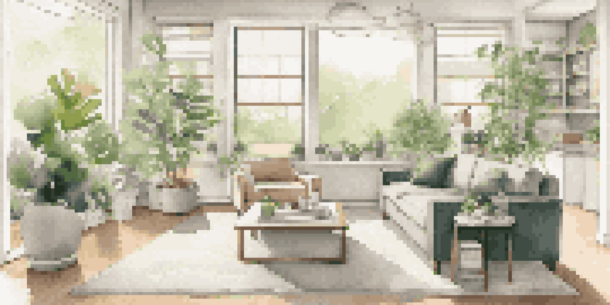 A modern living room with a smartphone, smart speaker, and coffee maker on a coffee table, bathed in natural light with a cozy seating area and a green plant.