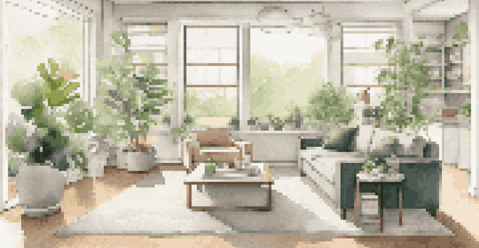 A modern living room with a smartphone, smart speaker, and coffee maker on a coffee table, bathed in natural light with a cozy seating area and a green plant.