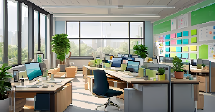 A bright and organized modern office space with natural light, featuring neatly arranged desks and a Kanban board.