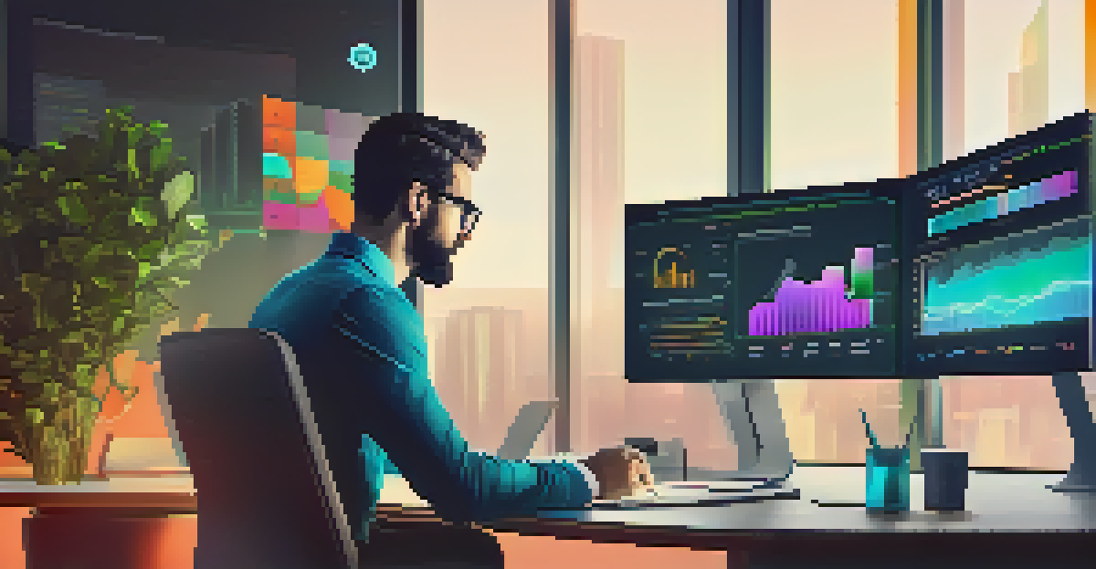 A close-up of a digital dashboard showing colorful performance metrics, with a person analyzing the data in a contemporary workspace.