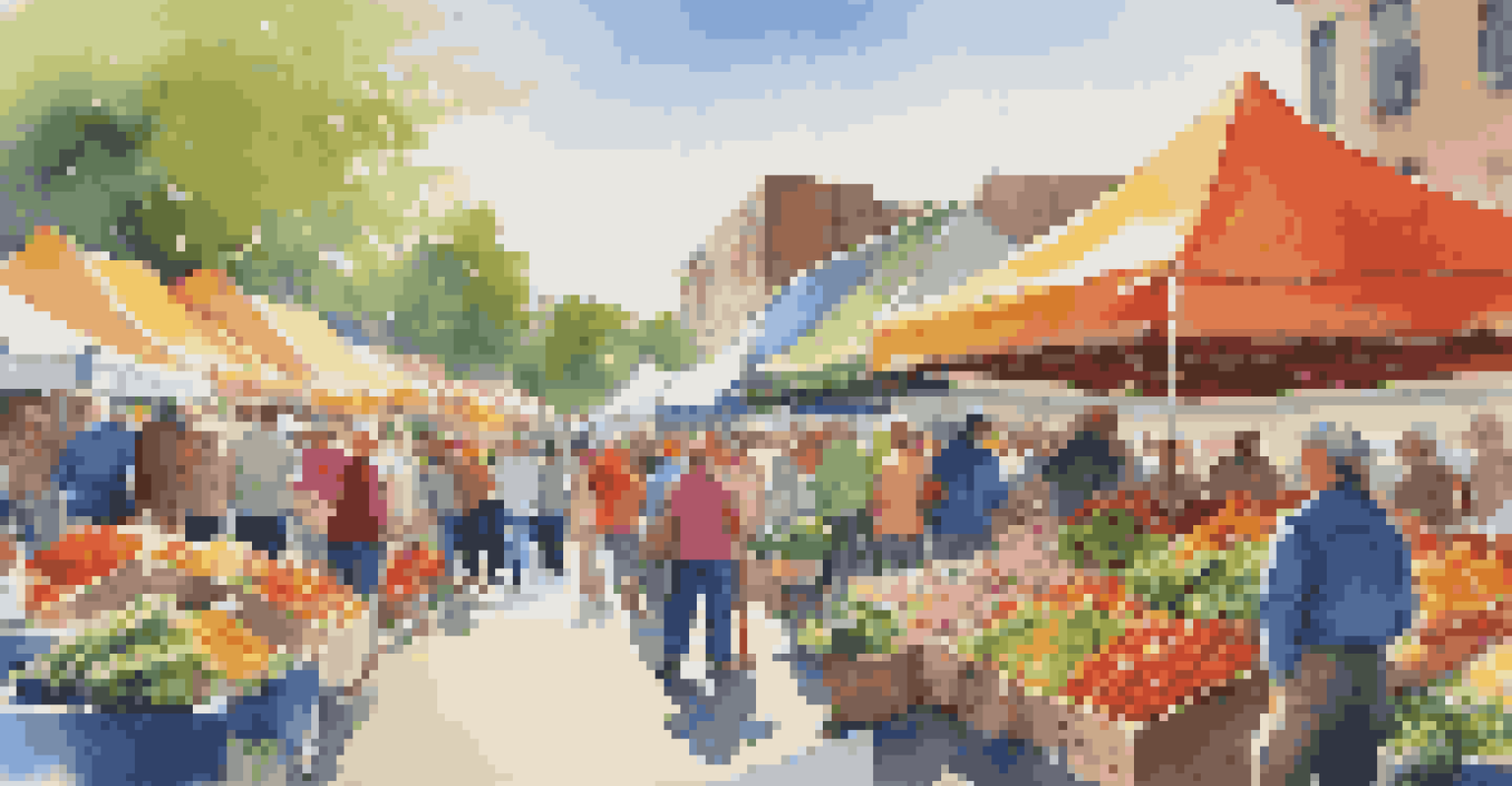 A lively farmers market with colorful stalls and customers interacting with vendors, set against a bright blue sky.