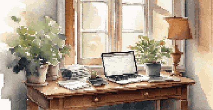 A peaceful office environment featuring a wooden desk with an open laptop and a potted plant, illuminated by soft morning light.
