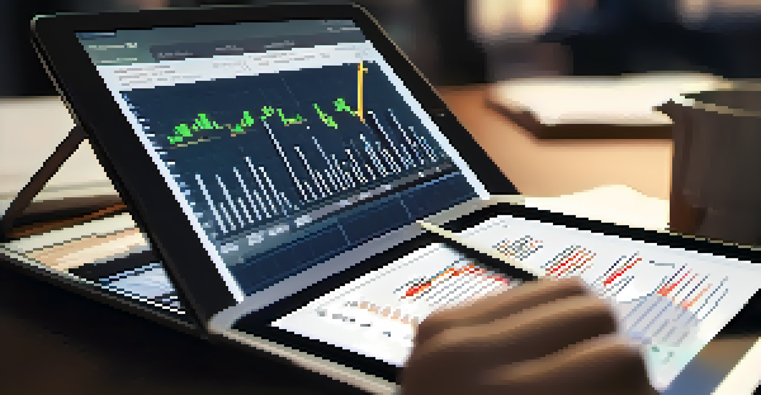 A close-up of a business professional analyzing financial data on a tablet, with graphs and numbers visible.