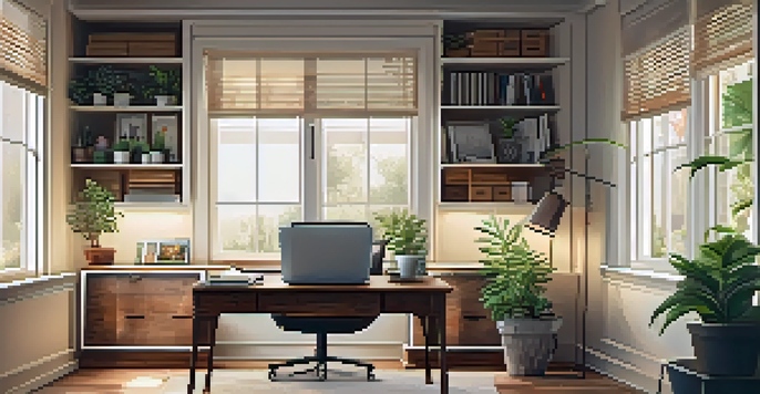 A warm and inviting home office with a wooden desk, laptop, and plants, illuminated by soft natural light.