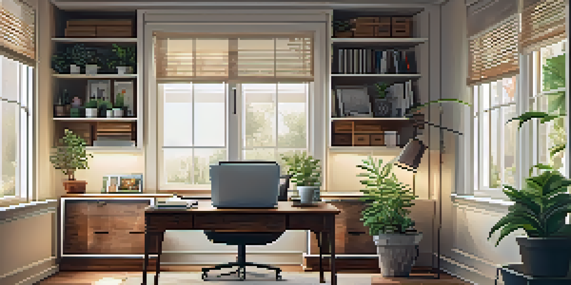 A warm and inviting home office with a wooden desk, laptop, and plants, illuminated by soft natural light.