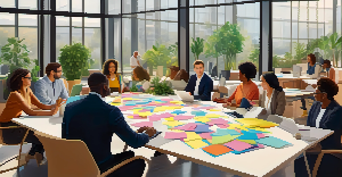A diverse group of professionals collaborating in a bright and modern office setting.