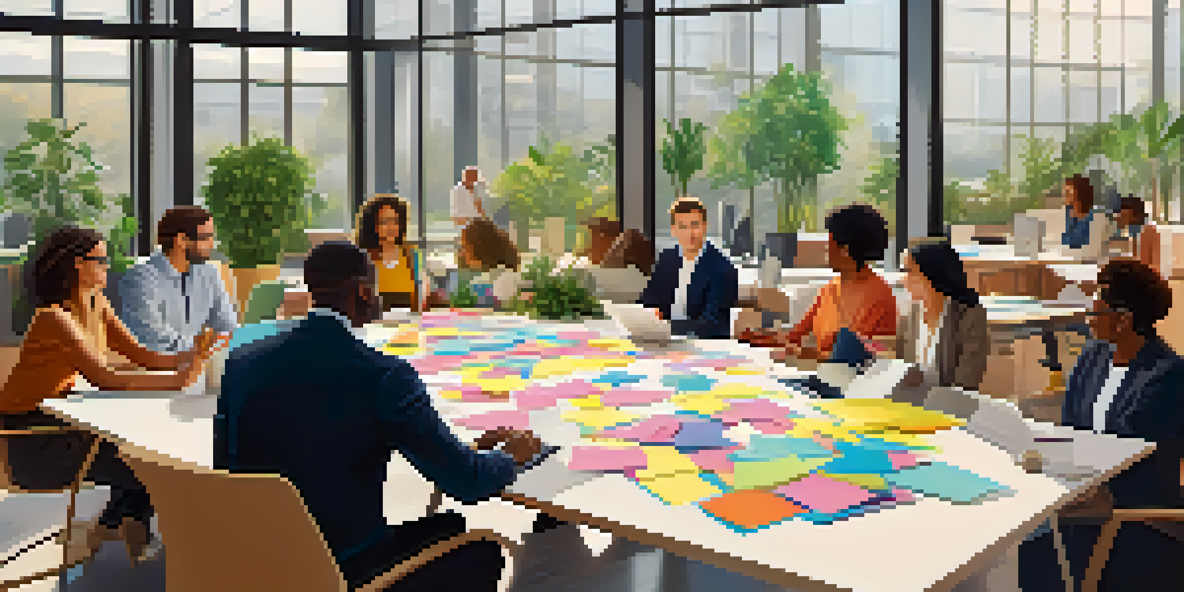 A diverse group of professionals collaborating in a bright and modern office setting.