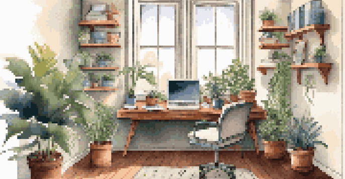 A warm and inviting home office space featuring a wooden desk, ergonomic chair, and a laptop in use, with natural light and plants enhancing the environment.