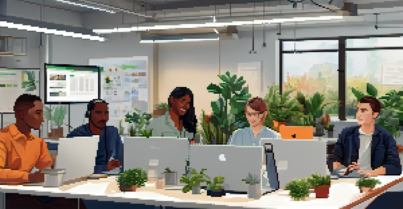 Team members from diverse backgrounds communicating through video conferencing in a bright office space.