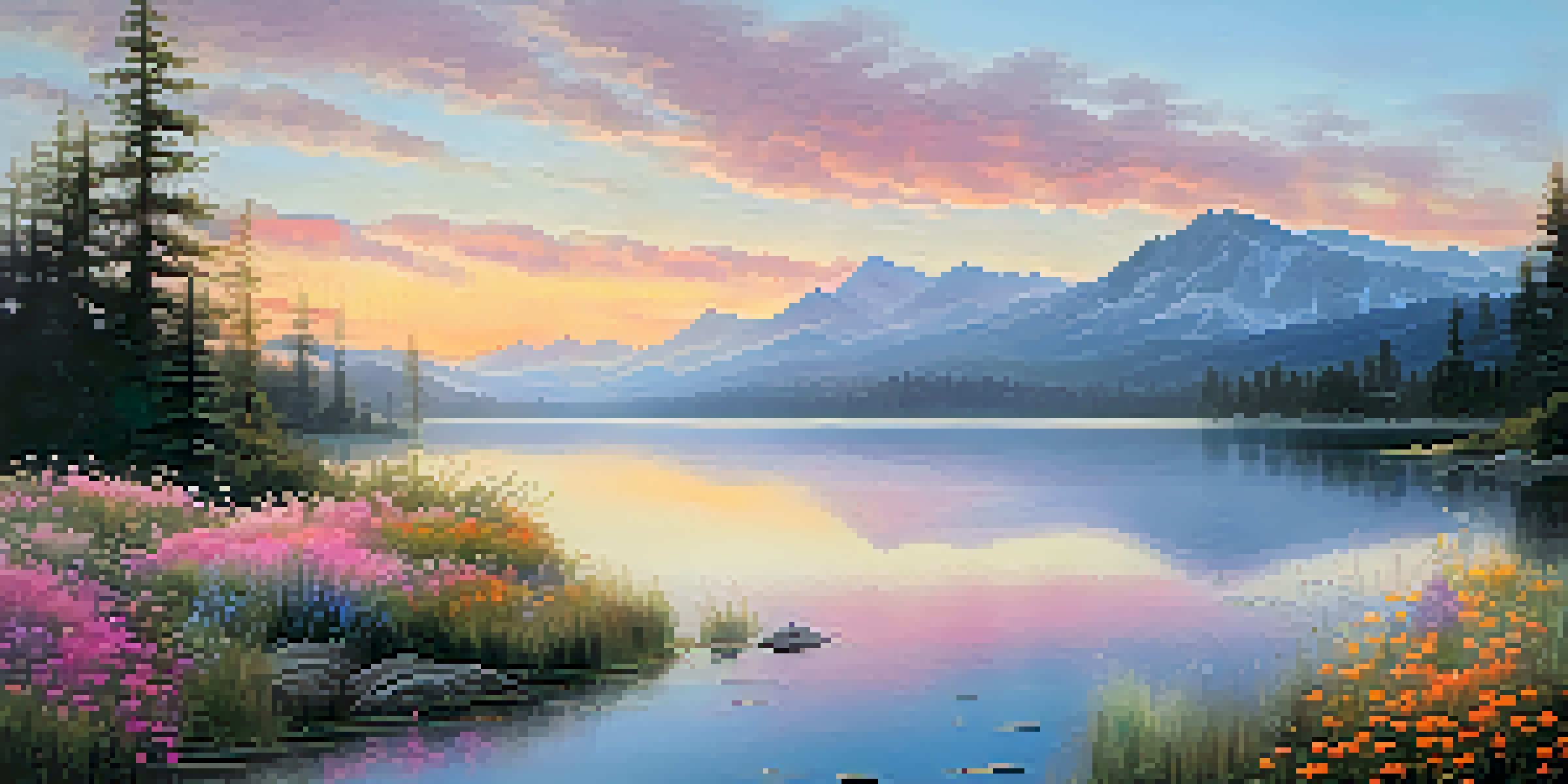 A peaceful lake at sunrise with mountains in the background and colorful wildflowers in the foreground.