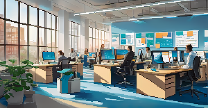 A vibrant office scene with diverse professionals working on digital marketing strategies, featuring computers and a whiteboard.