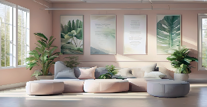 A peaceful office corner designed for meditation, with soft cushions and a plant, illuminated by natural light.