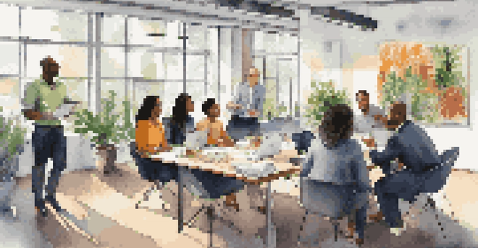 A diverse group of professionals collaborating in a bright office, showcasing inclusivity and teamwork.