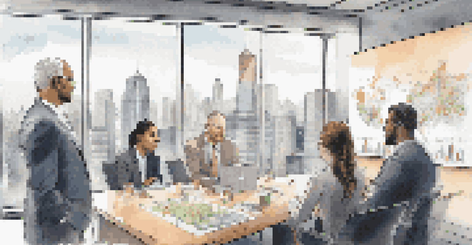 A diverse group of investors discussing a business proposal in a modern conference room with city views.