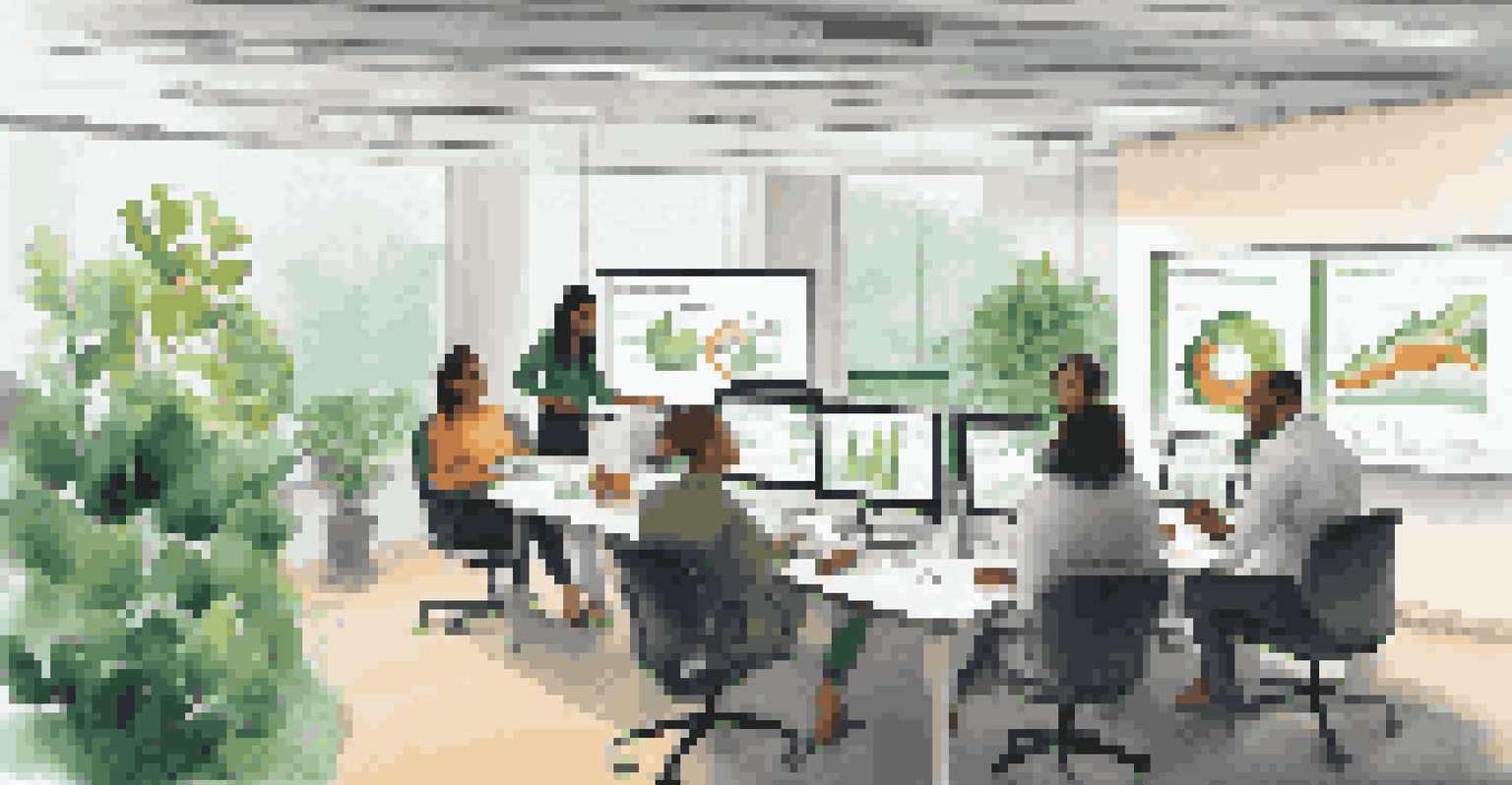 A diverse team in an office discussing lifecycle analysis with charts and greenery around them.