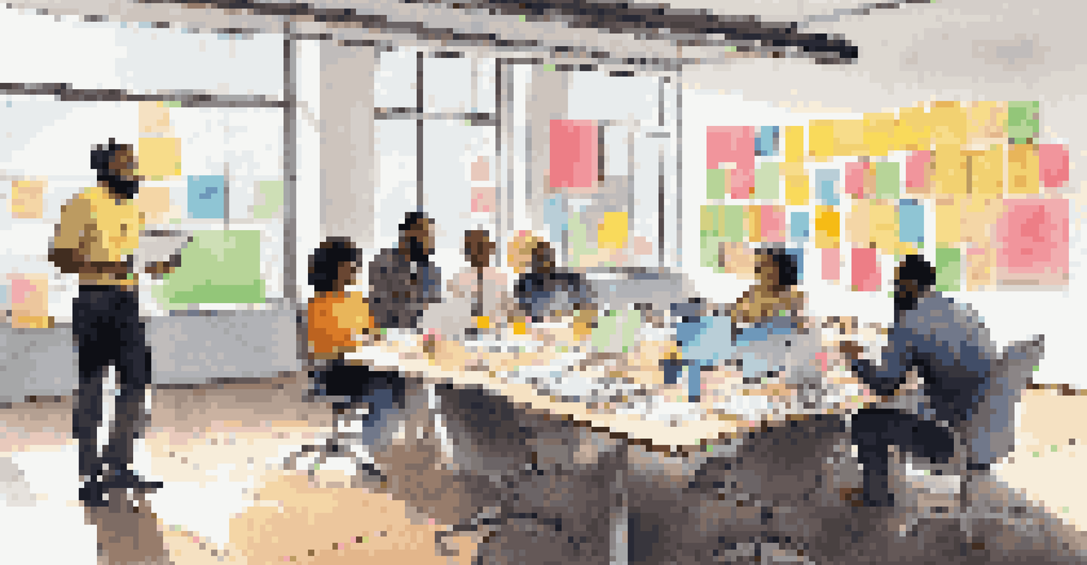 A diverse group of professionals collaborating during a brainstorming session around a conference table, with sticky notes and laptops.
