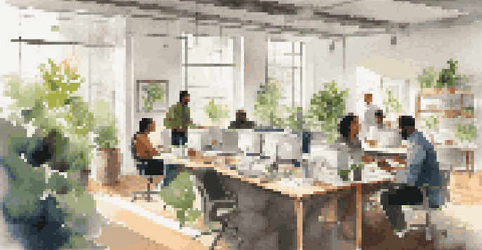 A diverse group of employees collaborating in a bright office workshop, with plants and natural light enhancing the space.