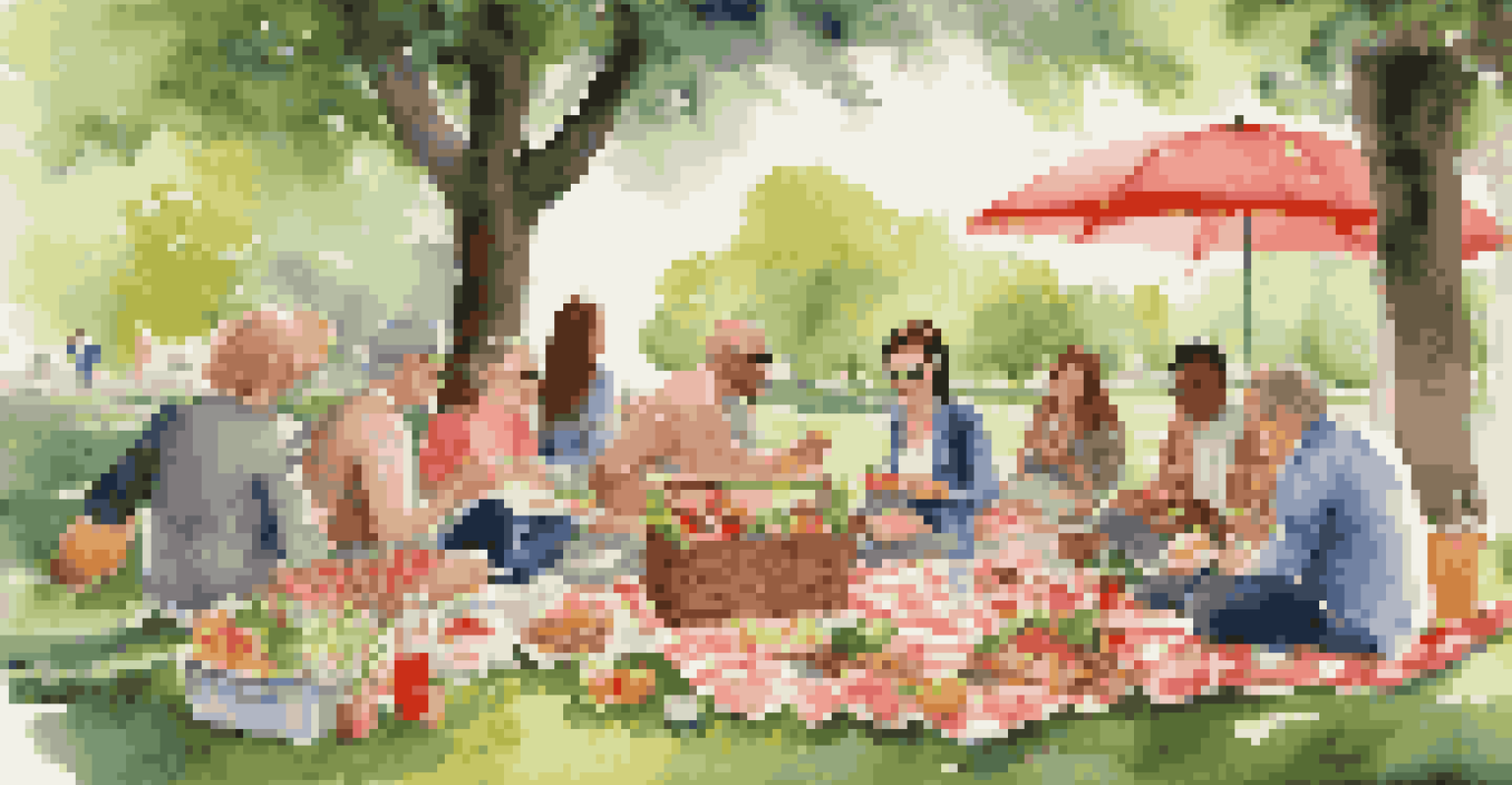 A sunny picnic in a park with a blanket, food, and people enjoying each other's company.
