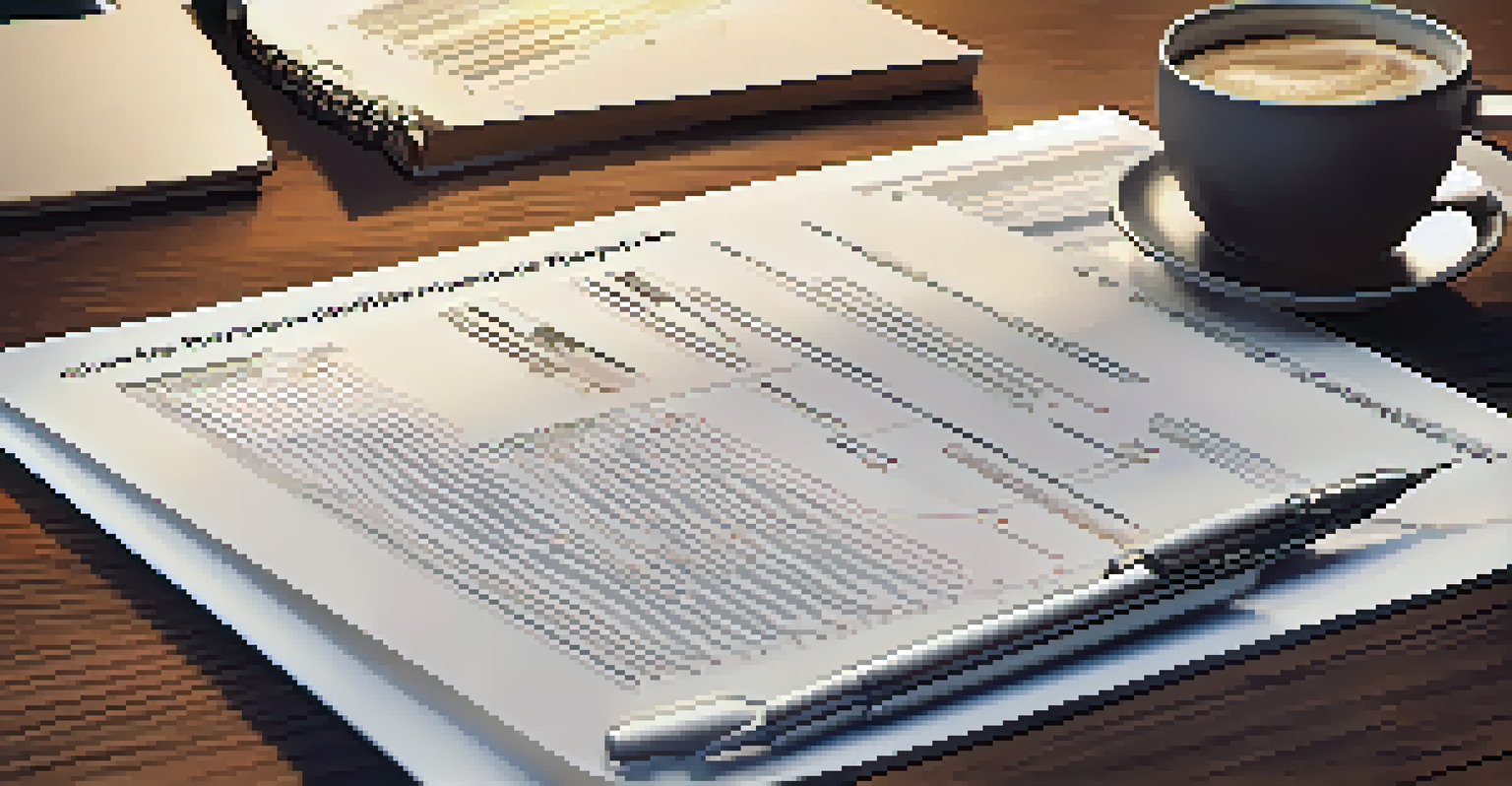 A close-up of a corporate governance report, pen, and coffee cup on a wooden desk, showcasing key performance indicators.