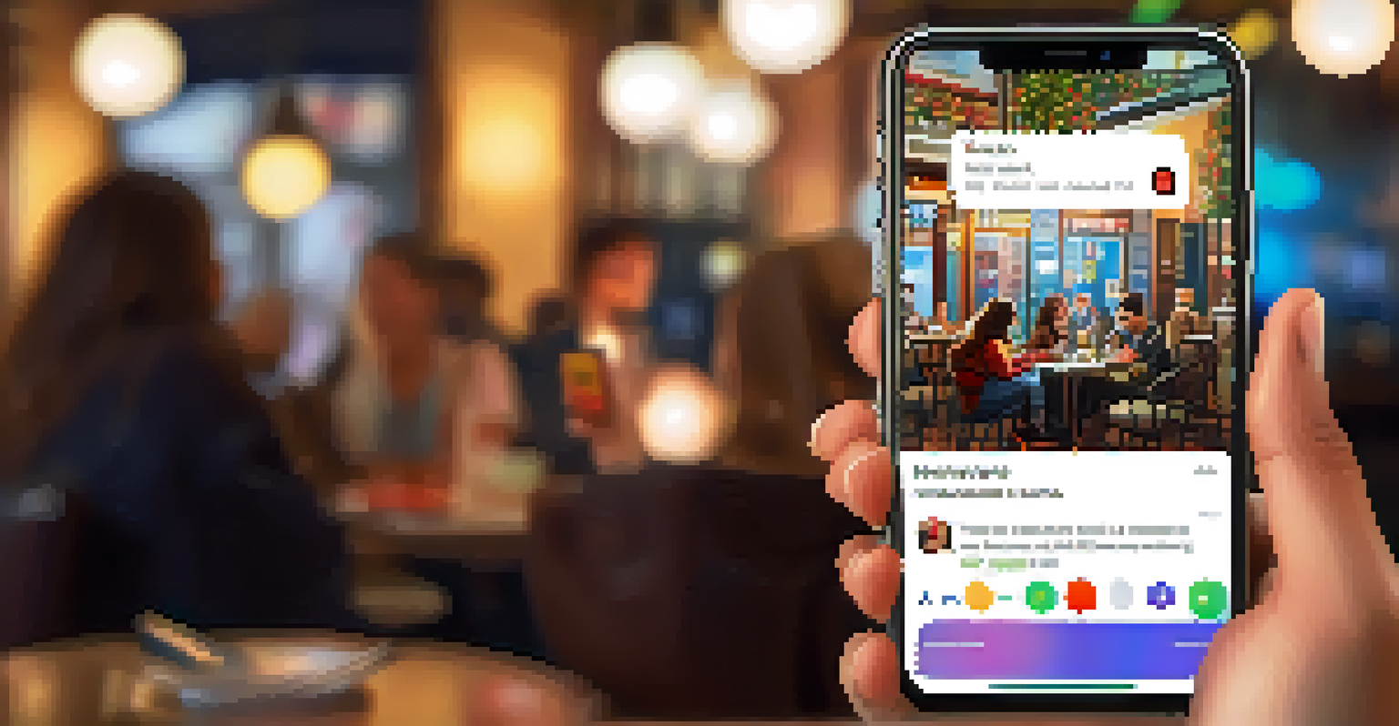 A close-up of a hand holding a smartphone showing a messaging app, with a cozy café atmosphere in the background.