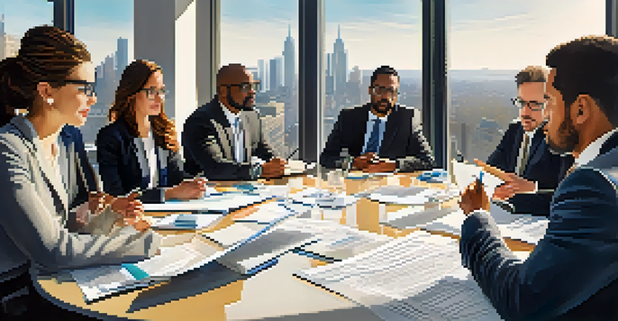 A diverse group of professionals engaged in a negotiation at a conference table, showcasing collaboration and communication.