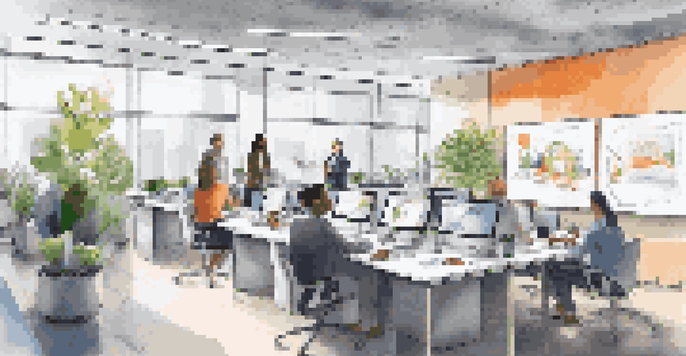 A diverse team of professionals in a bright office brainstorming with whiteboards and laptops around them.