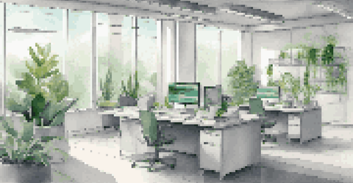A contemporary office interior with large windows, plants, and a high-tech computer setup.