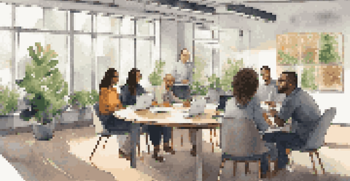 A diverse group of employees participating in a feedback session around a round table in a modern office, with natural light and motivational decor.
