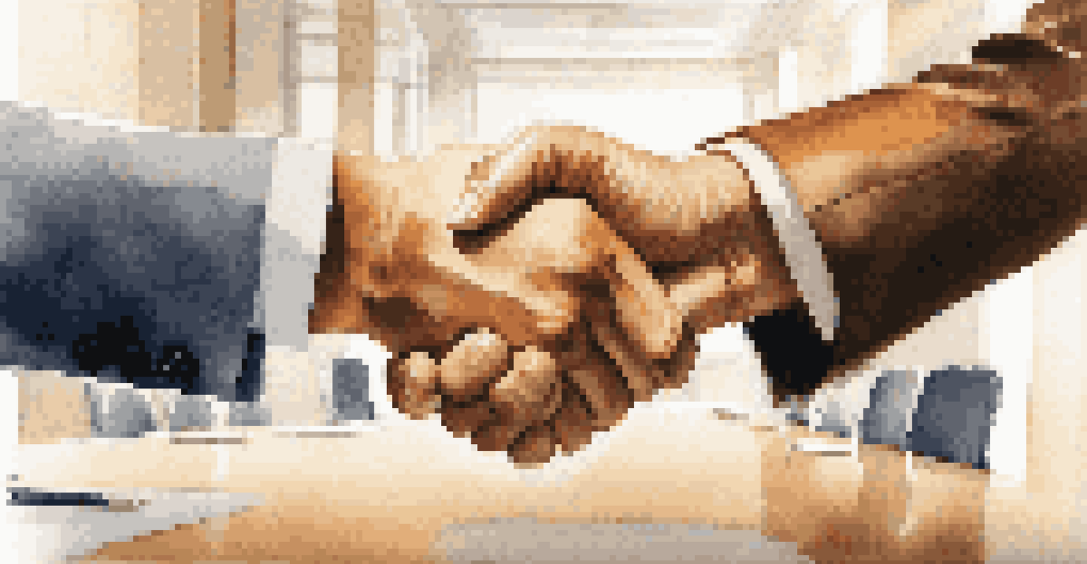 A close-up of a handshake between two individuals, symbolizing agreement in an elegant conference room.