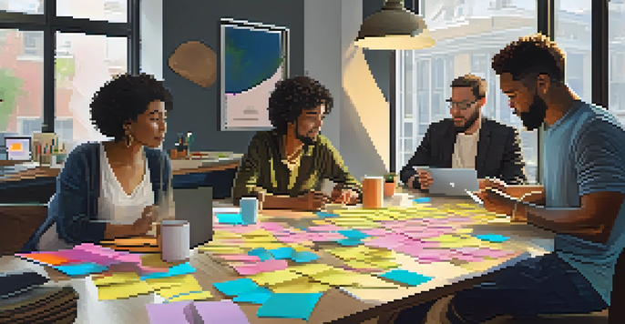 A diverse group of individuals collaborating on a crowdfunding campaign at a table, surrounded by sticky notes and laptops, with sunlight streaming through a window.