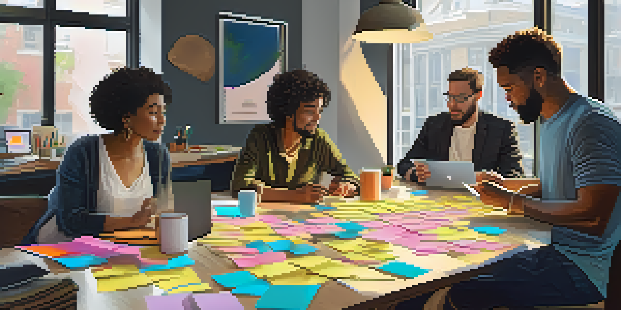 A diverse group of individuals collaborating on a crowdfunding campaign at a table, surrounded by sticky notes and laptops, with sunlight streaming through a window.