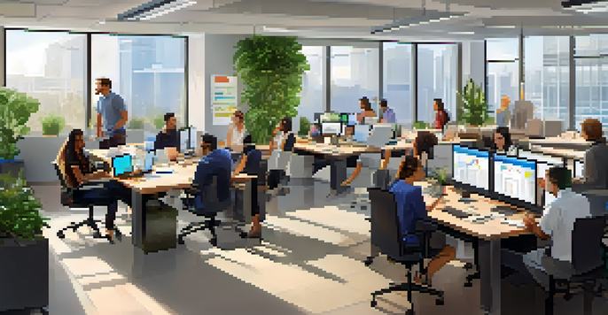 A diverse team in a bright office discussing market research with charts and laptops on the table.