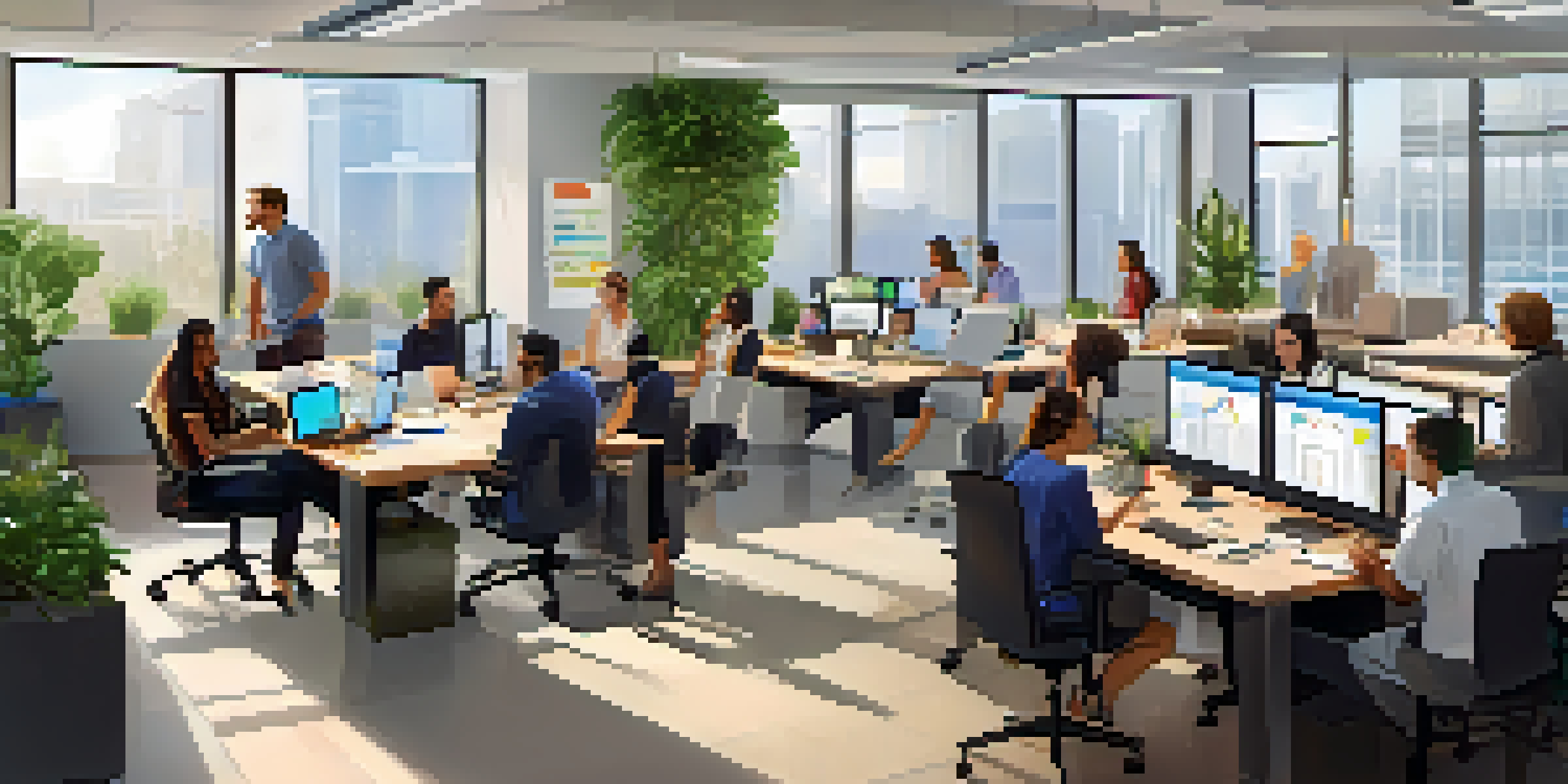 A diverse team in a bright office discussing market research with charts and laptops on the table.