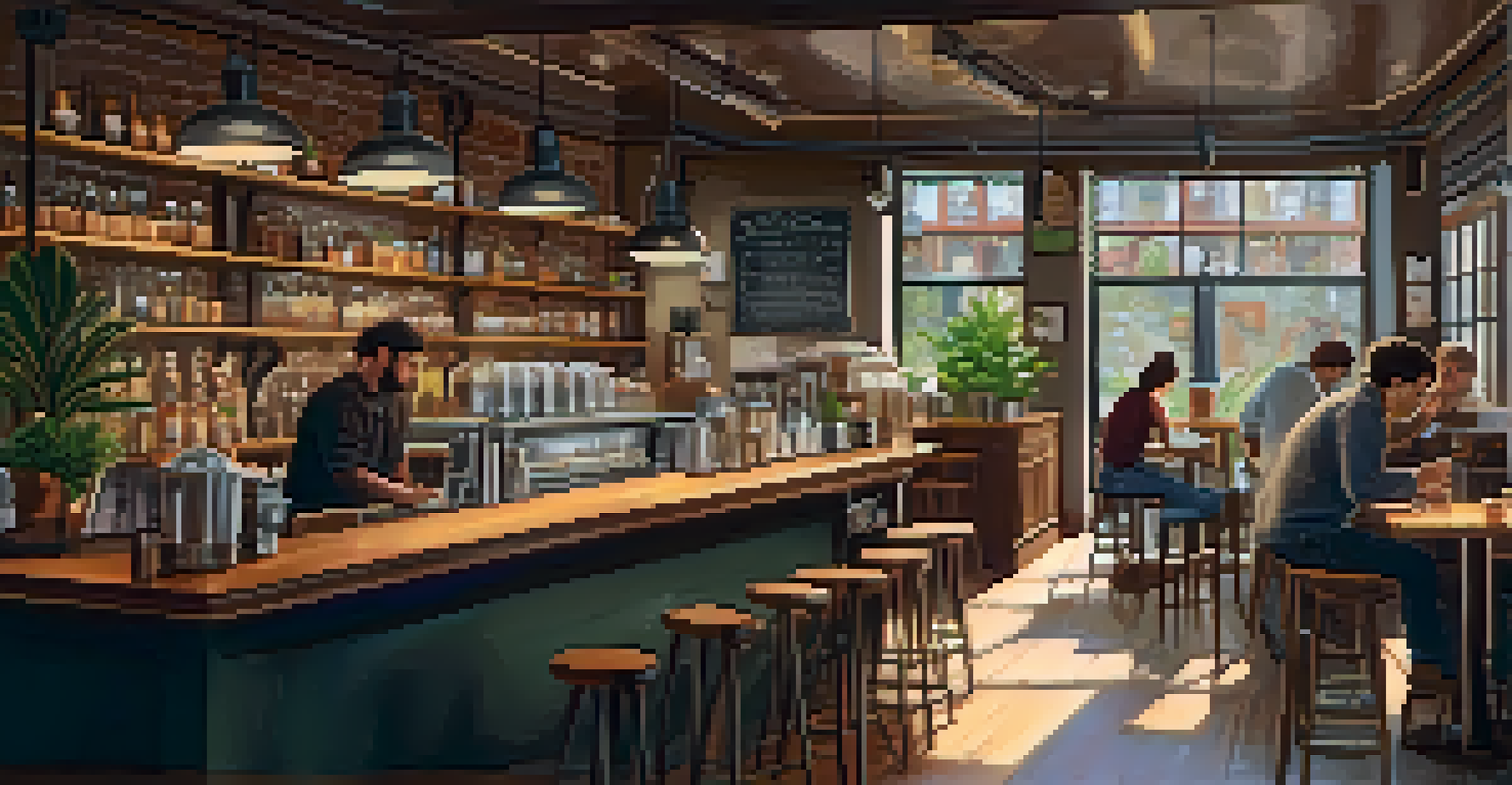 A cozy café with patrons enjoying drinks and working, with a barista preparing coffee and local art on the walls.