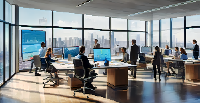 A modern office workspace with a large data analytics dashboard on display, diverse professionals discussing around it, and a view of the city through large windows.