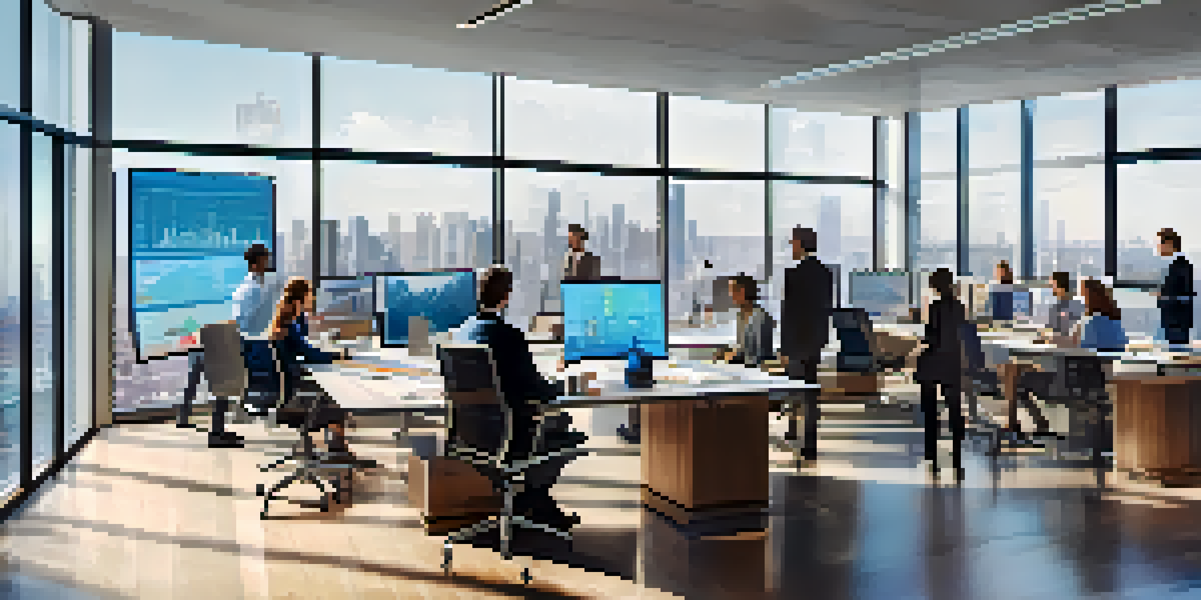 A modern office workspace with a large data analytics dashboard on display, diverse professionals discussing around it, and a view of the city through large windows.