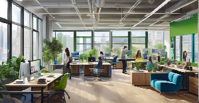 A bright and modern office with flexible workspaces, including standing desks and lounge areas, where employees collaborate and work individually.