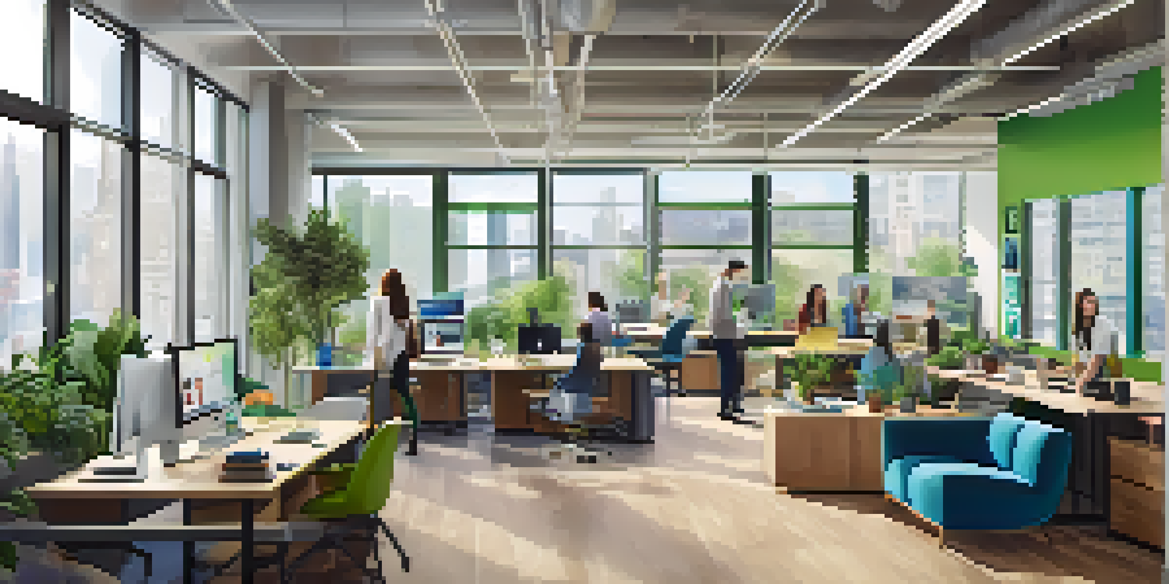 A bright and modern office with flexible workspaces, including standing desks and lounge areas, where employees collaborate and work individually.