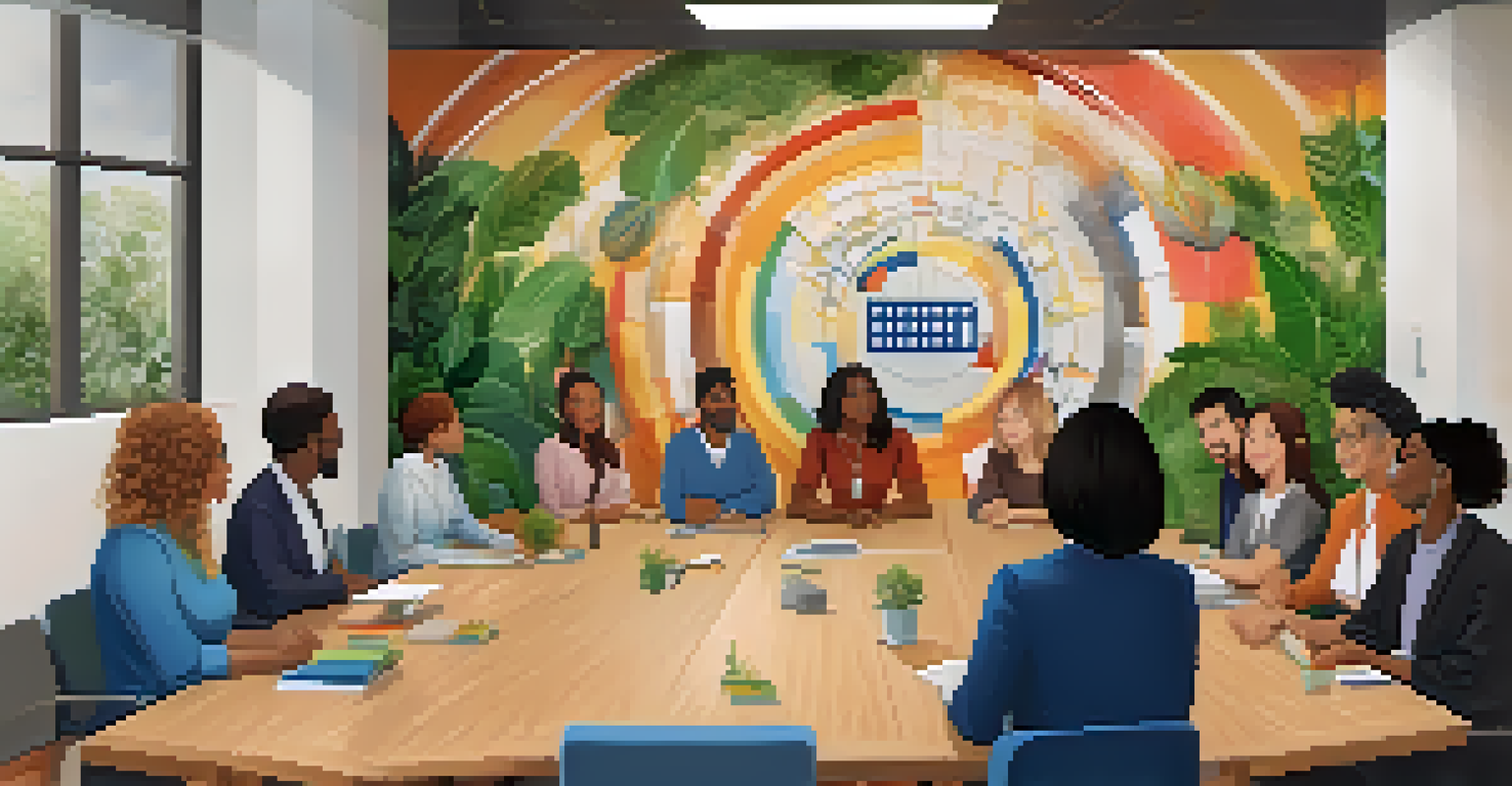 A circular meeting setup in a colorful office where diverse employees are engaged in discussion, surrounded by inspiring quotes and greenery.