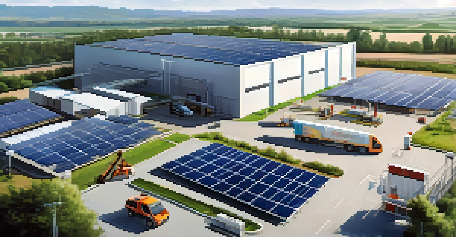 A modern factory with solar panels and electric vehicles, highlighting advanced technology for sustainable practices.