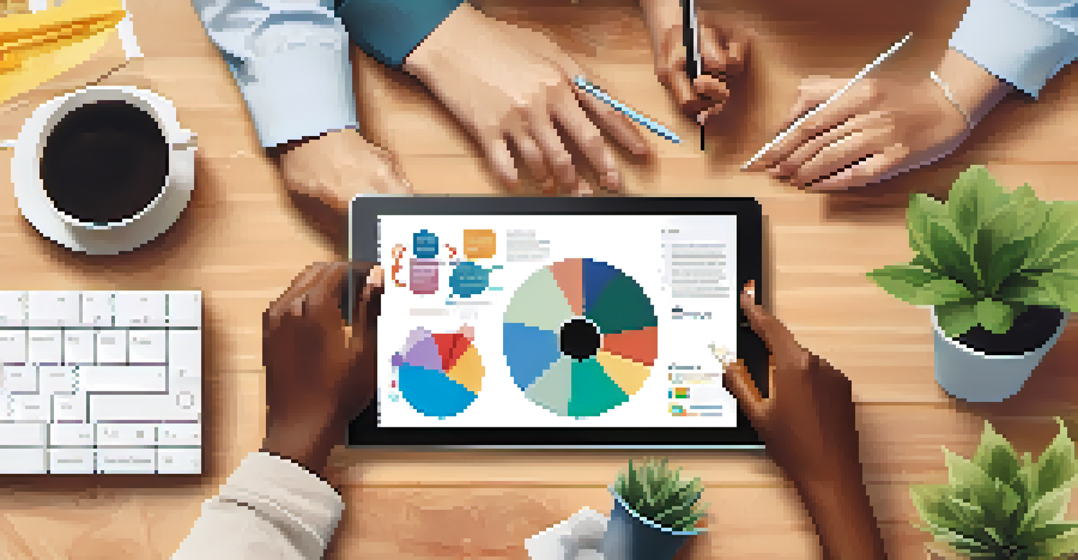 Close-up of diverse hands collaborating on a digital tablet displaying an infographic about workplace diversity and inclusion.
