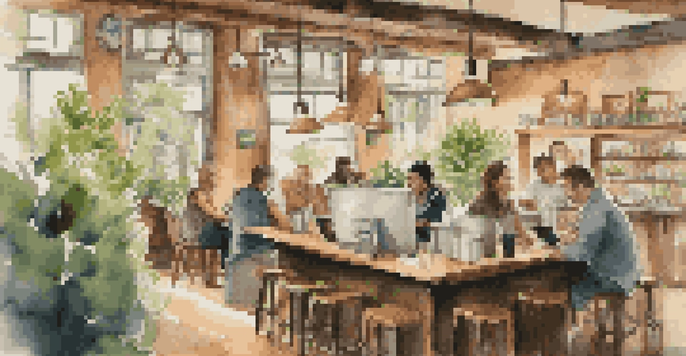 An interior view of a busy coffee shop filled with customers chatting and working, featuring warm lighting and wooden decor.