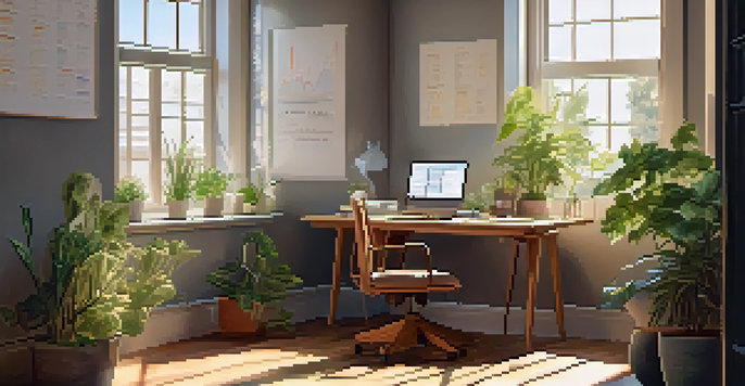 A bright and inviting office space with a desk, laptop, plants, and a whiteboard showcasing data charts, illuminated by sunlight.