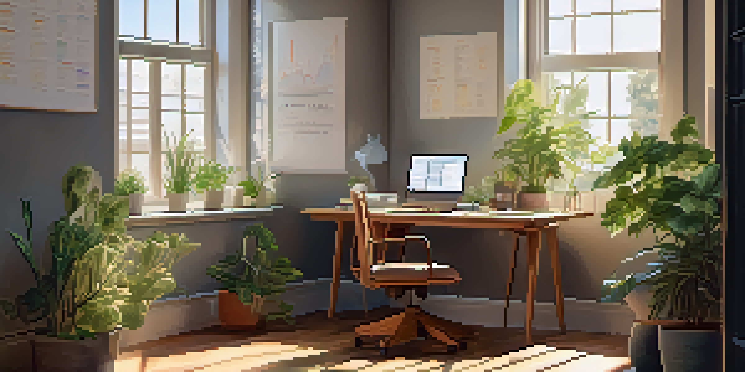 A bright and inviting office space with a desk, laptop, plants, and a whiteboard showcasing data charts, illuminated by sunlight.
