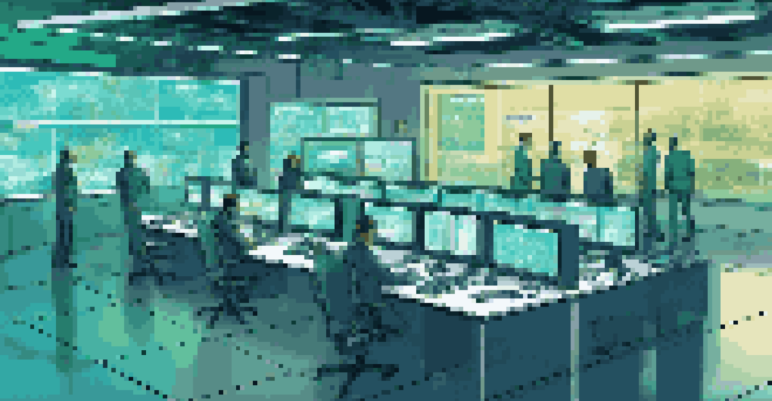 A high-tech supply chain control room with diverse professionals monitoring screens and discussing data analytics in a futuristic environment.
