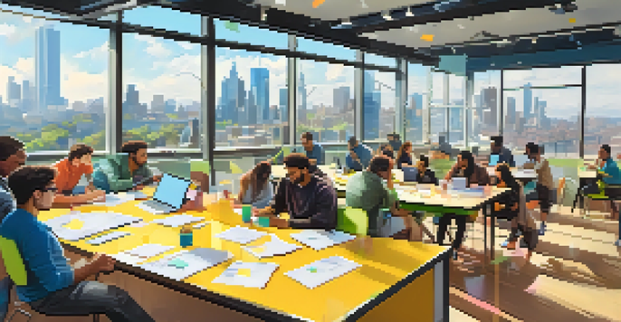 A bright and modern startup incubator with young entrepreneurs working together at a table, vibrant colors, and a city skyline visible through large windows.