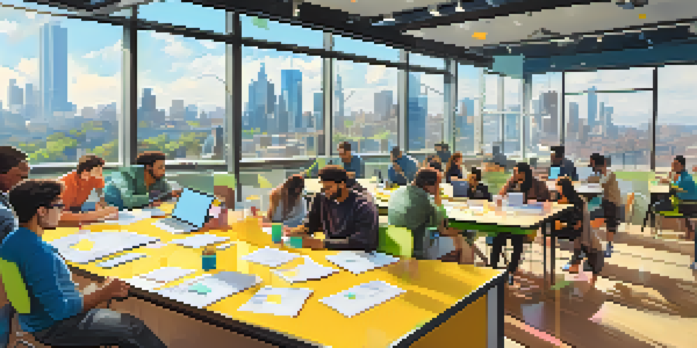 A bright and modern startup incubator with young entrepreneurs working together at a table, vibrant colors, and a city skyline visible through large windows.