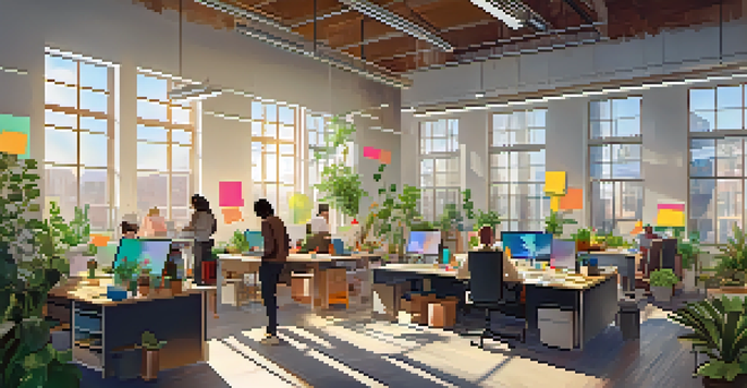 A diverse team working together in a bright office space, with laptops and colorful sticky notes.